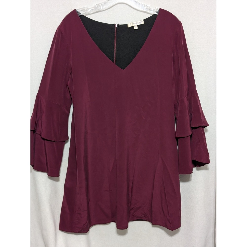 Lavender Brown Burgundy V-Neck Ruffle Tiered Sleeve Shift Dress Made in USA M